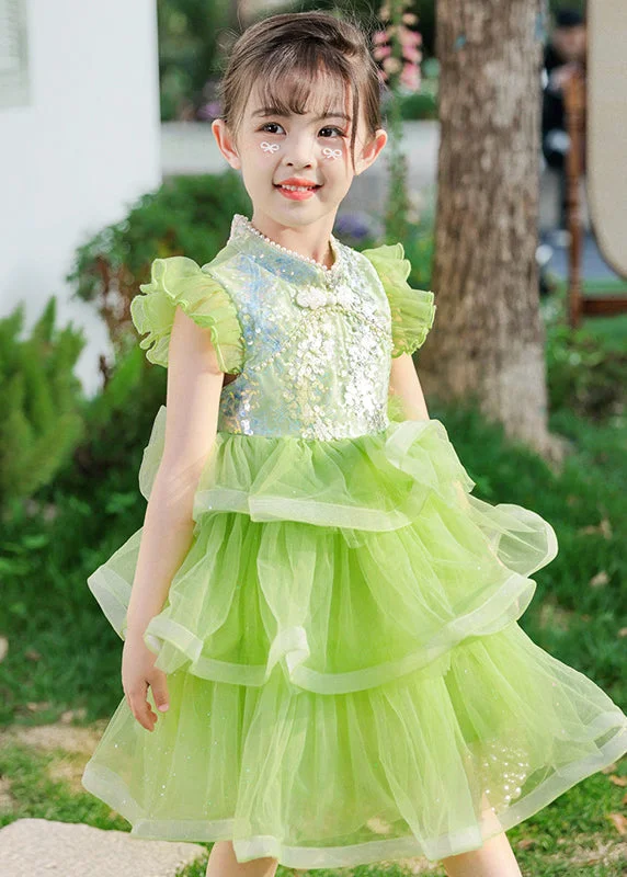 Boho Green Sequins Chinese Button Tulle Kids Girls Dresses Butterfly Sleeve Sequin Lace Dress