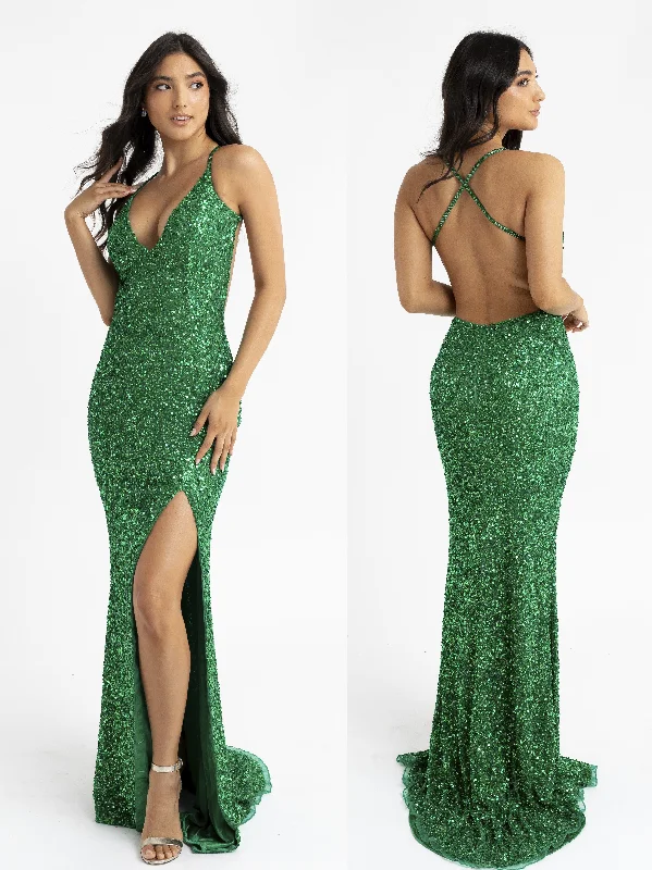 Primavera couture 3291 Size 8 Emerald Prom Dress Sequins V Neckline Backless Slit Sequin Dress Sparkle