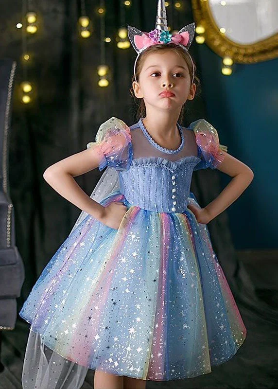 Boutique Rainbow Puff Sleeve Sequins Patchwork Tulle Baby Girls Dress Summer Bodycon Sequin Dress