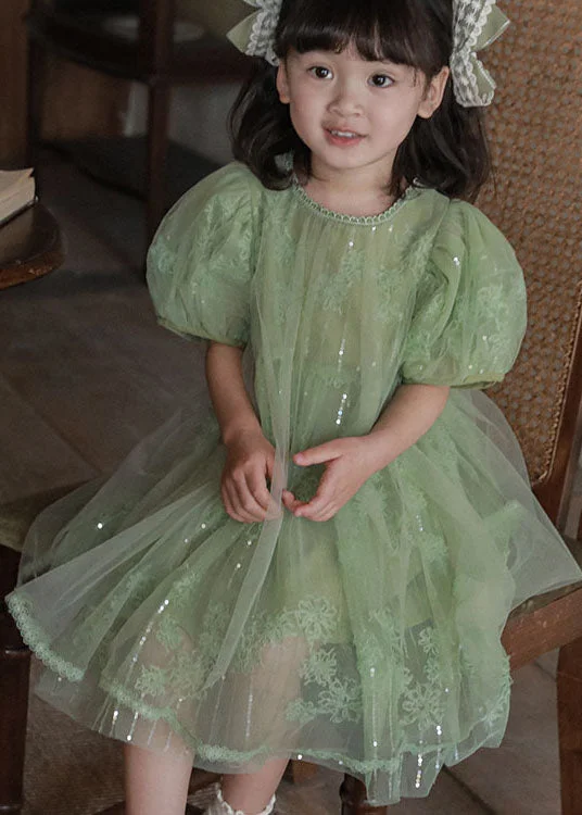 Handmade Green Sequins Patchwork Tulle Kids Girls Dresses Puff Sleeve Long Sleeve Sequin