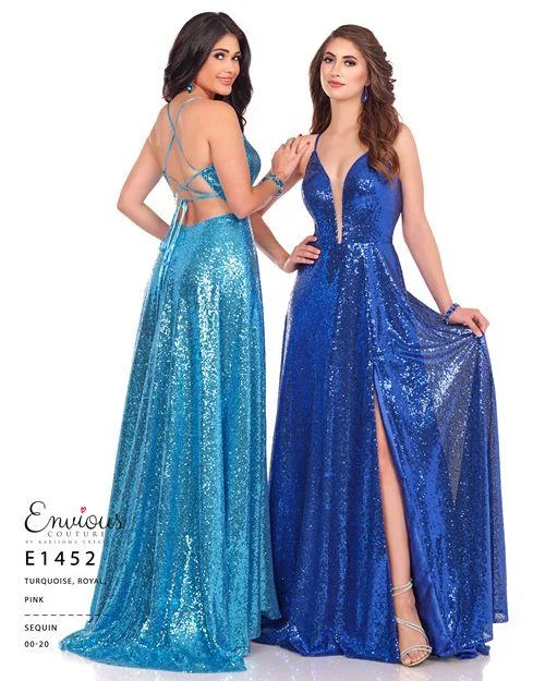 Envious Couture E 1452 Size 2 Royal Sequin Long Prom Dress Slit Formal A line Evening Gown Flared Sequin Dress