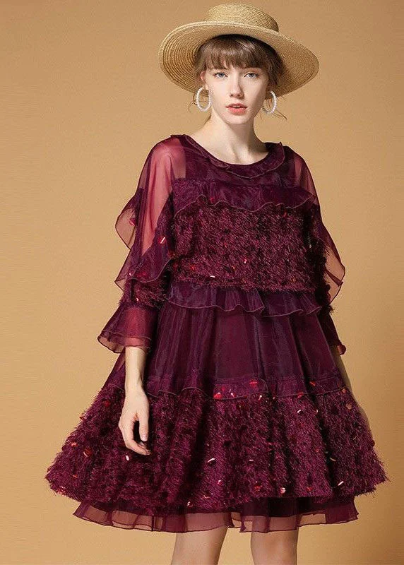 Mulberry Patchwork Tulle Dress Sequins Hollow Out Half Sleeve Sequin Shift Dress