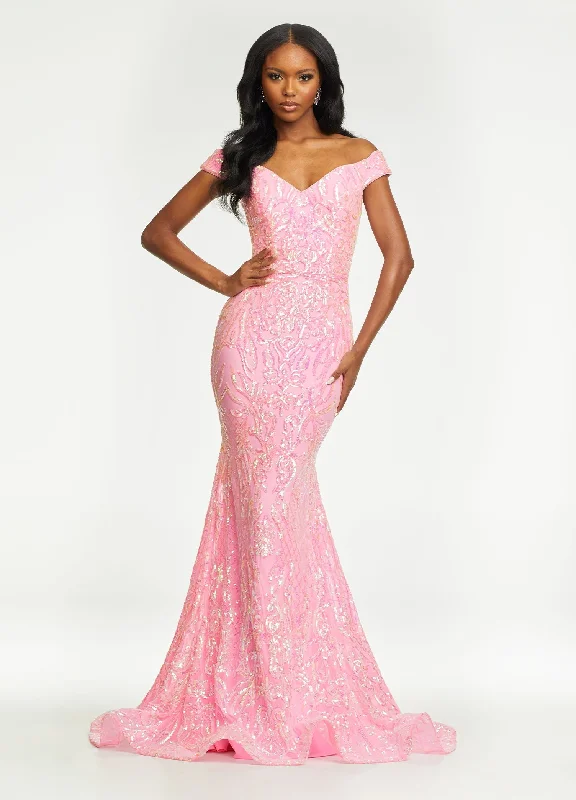 Ashley Lauren 11112 Size 2 Baby Pink Prom Dress Off the Shoulder Stretch Sequin Gown Sequin Dress Twist