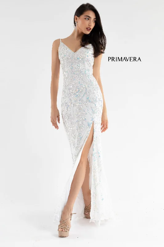 Primavera Couture 3749 Size 0 Ivory Sequined Prom Dress V Neckline Sweeping Train Evening Gown Sequin Dress Glamour