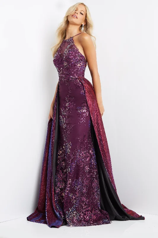 Jovani JVN07379 Purple Prom Dress Size 12 Long fitted Pageant Gown Overskirt Shimmer Sequin Lace Gown Silver Sequin Dress