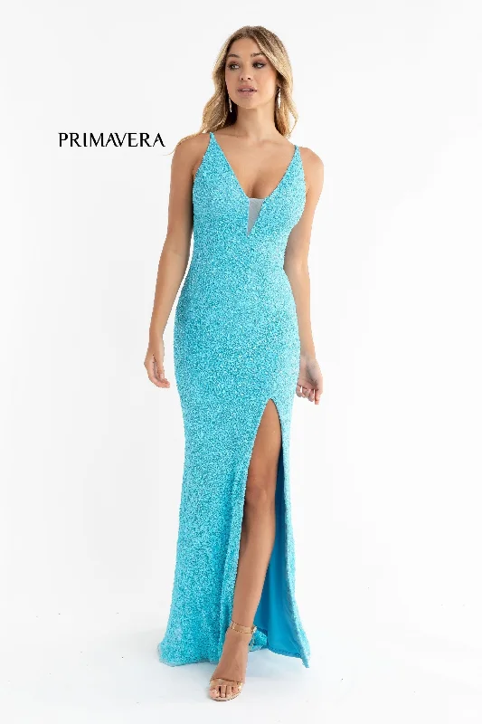 Primavera Couture 3792 Size 0, 12 Turquoise Sequin Prom Dress V Neckline Strappy Open Back Side Slit Train Classy Sequin Dress