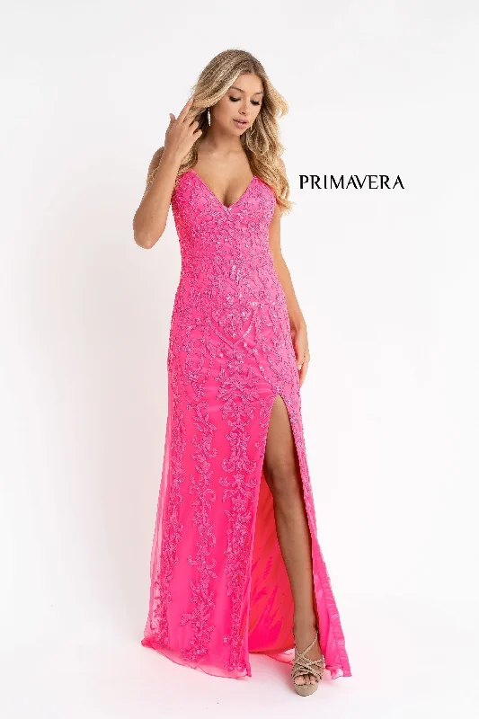 Primavera Couture 3749 Size 6 Neon Pink Sequined Prom Dress V Neckline Sweeping Train Evening Gown Floor-length Sequin Dress