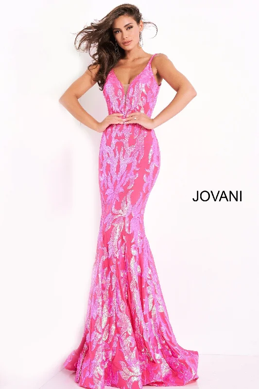 Jovani 3263 Size 2 Hot Pink Prom Dress Long Fitted Mermaid Sequin Pageant Gown V Back Modern Sequin Gown