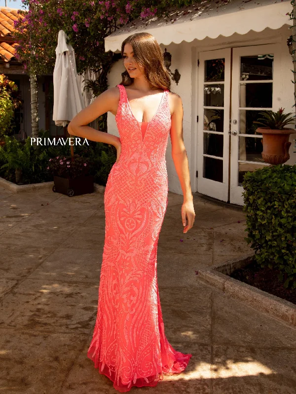 Primavera Couture 3722 Size 00 Coral Iridescent Prom Dress V Neckline V Back Long Sequins Evening Gown Sequin Party Dress