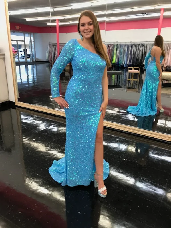 Amarra 87262 Neon Blue Prom Dress Size 6 Sequin One Shoulder Sleeve with Slit Vintage Sequin Dress