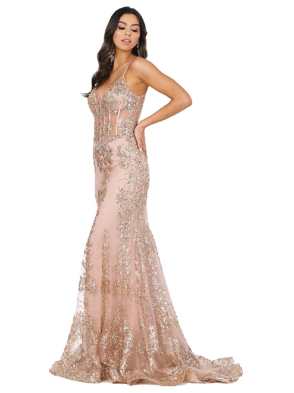 DQ 4118 Size 10 Rose Gold Long Sheer Sequin Mermaid Prom Dress Pageant Gown V Neck Crystal Belt Sparkly Sequin Dress