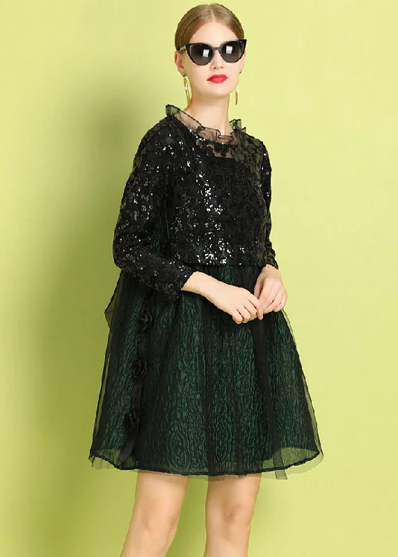 Fine Black Green Ruffled Sequins Bow Patchwork Tulle Mid Dress Summer Sequin Dress Midi