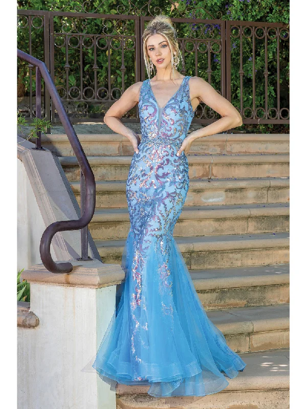 DQ 4213 Size 6 Turquoise Long Fitted Sequin Mermaid Prom Dress Pageant Gown High Neck Sequin