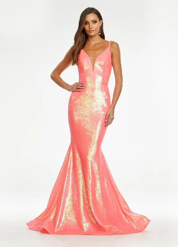 Ashley Lauren 11108 Size 12 Long Fitted Sequin Mermaid Prom Dress Pageant V Neck Coral Sparkly Mini Sequin