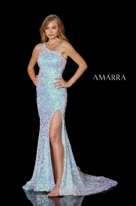 Amarra 87241 Size 8 One Shoulder Sequin High Slit Open Corset Back Prom Dress Pageant Long Sleeve Sequin