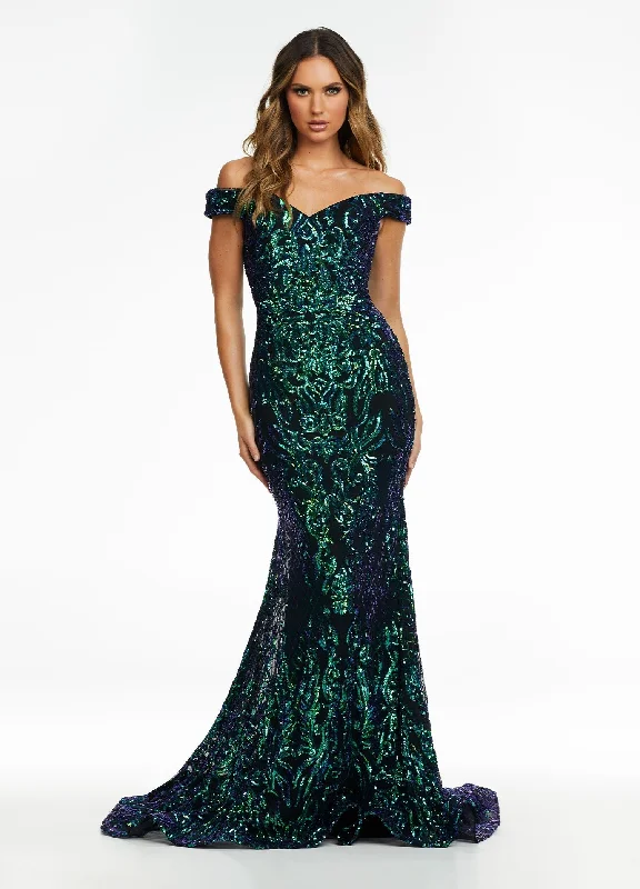 Ashley Lauren 11112 Size 8 Emerald Off the Shoulder Sequin Gown mermaid Prom Dress Elegant Sequin Gown