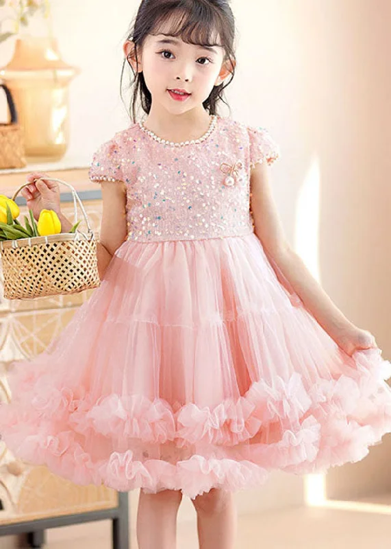 Handmade Pink Ruffled Sequins Nail Bead Patchwork Tulle Kids Girls Dress Summer Sequin Dress Fashion