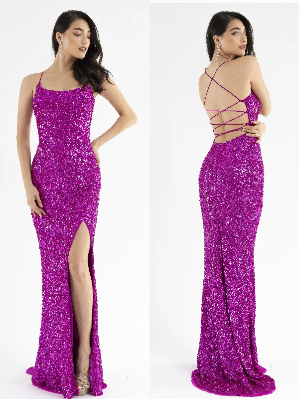 Primavera Couture 3290 Size 0 Fuchsia Prom Dress Sequins Long Fitted Tie Back Scoop Neckline Sleek Sequin Dress