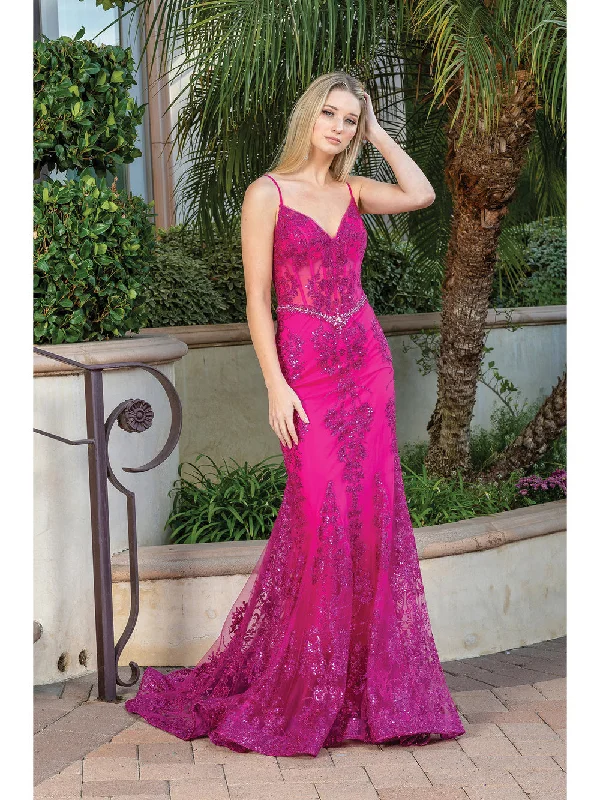 DQ 4118 Size 16 Fuchsia Long Sheer Sequin Mermaid Prom Dress Pageant Gown V Neck Crystal Belt Sequin Dress Sexy