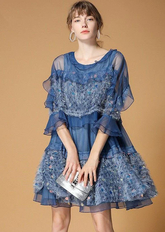 Classy Blue Sequins Velour Patchwork Tulle Day Dress Half Sleeve Sequin Dress Look