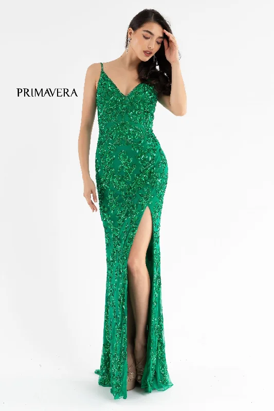 Primavera Couture 3754 Size 12 Emerald Prom Dress Sequins V Neckline Evening Gown Backless Slit Train Elegant Glitter Sequin