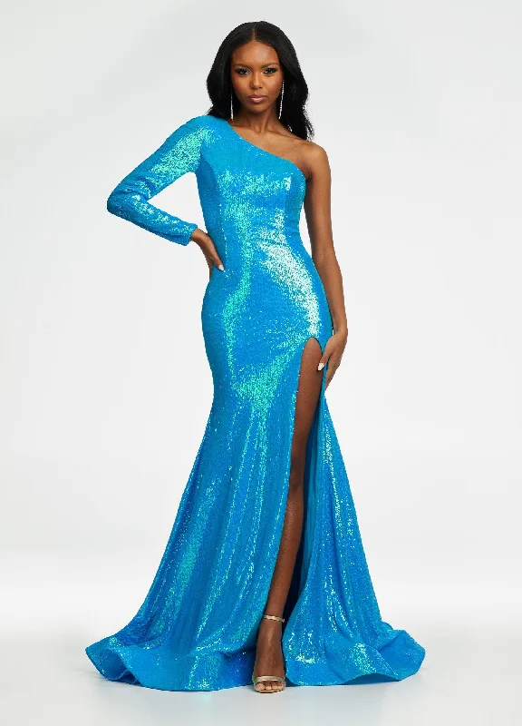 Ashley Lauren 11026 Size 4 Neon Blue Prom Dress One Shoulder Sequin Pageant Gown Slit Shimmer Sequin Dress