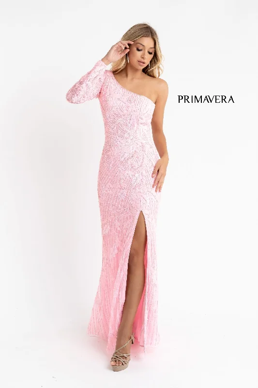 Primavera Couture 3759 Size 2 Pink One Long Sleeve Prom Dress Sequined Evening Gown Slit Satin Sequin Dress