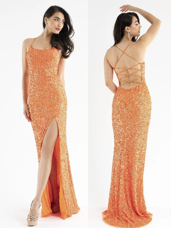 Primavera Couture 3290 Size 8 Orange Prom Dress Sequins Long Fitted Tie Back Scoop Neckline Off-shoulder Sequin Dress