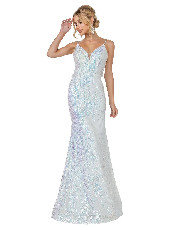 DQ 4158 Size 6 Off White/Multi Long Fitted Sequin Prom Dress Pageant Fringe Back Formal Gown Sexy Sequined Dress