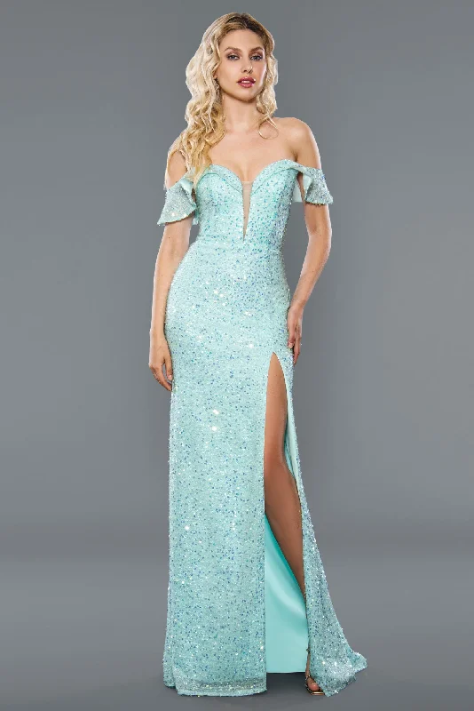 Stella Couture 22032 Size 2 Blue Long Fitted off the shoulder formal dress sequin slit Prom Gown Colorful Sequin Dress