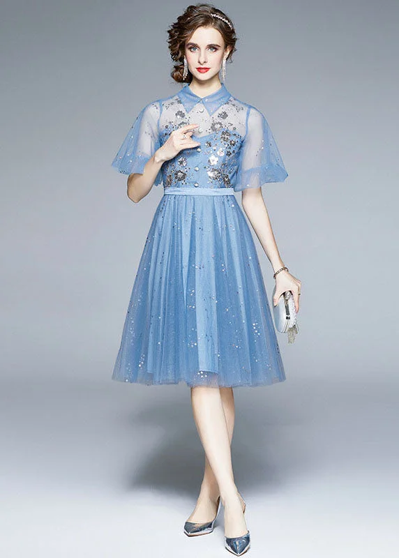 New Blue Embroideried Sequins Patchwork Tulle Mid Dress Puff Sleeve Sparkly Mini Sequin