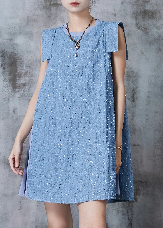 French Blue Sequins Patchwork Denim Day Dress Summer Sequin Dress Appeal