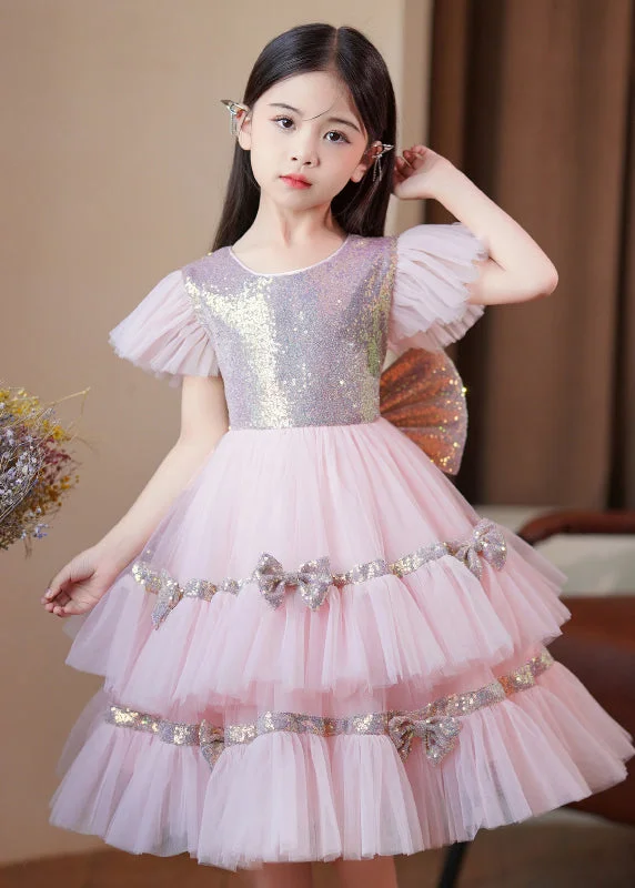 Stylish Pink Sequins Patchwork Bow Exra Large Hem Tulle Baby Girls Maxi Dresses Summer Sequin Dress Vibe