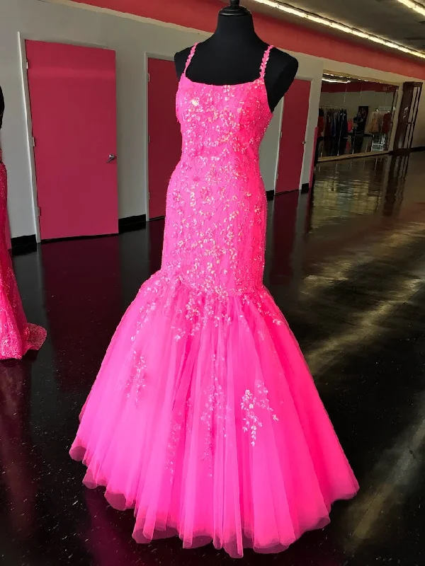 Amarra 87339 Neon Pink Mermaid Prom Dresses Size 10 Sequin Embellished Tulle Mermaid Backless Corset Lace Gown Bright Sequin Dress