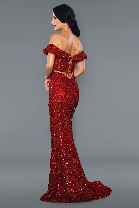 Stella Couture 22032 Size 12 Red Long Fitted off the shoulder formal dress sequin slit Prom Gown Black Sequin Dress