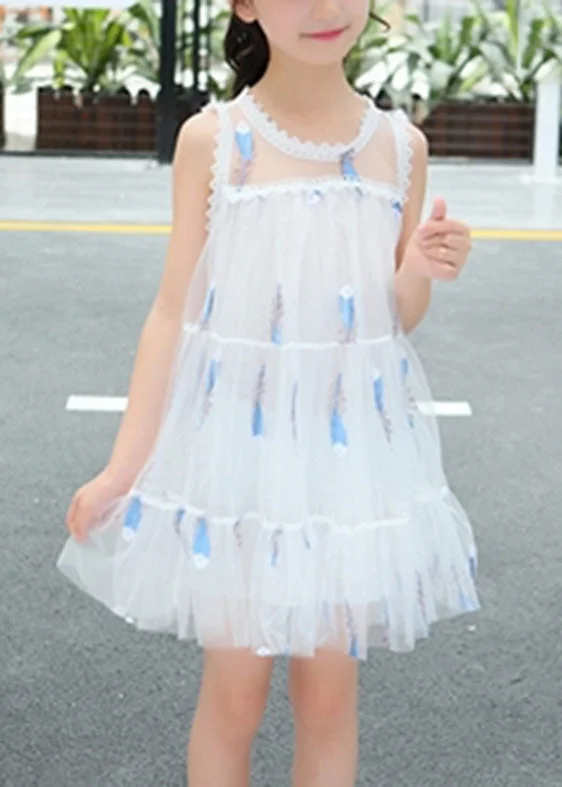 Cute White O-Neck Sequins Patchwork Tulle Girls Mid Dress Summer Sequin Wrap Dress