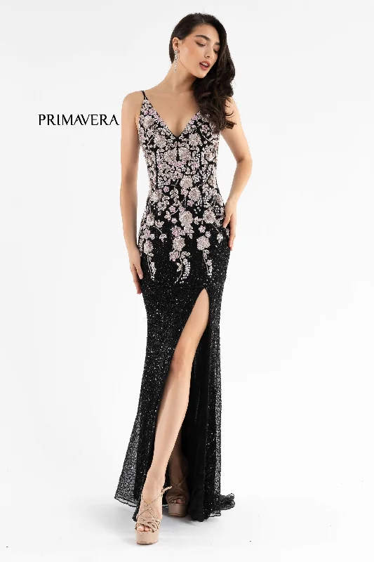 Primavera Couture 3730 Size 4 Prom Dress Flower Bodice Sequins V Neckline Slit Mid Back Glitter Sequin Dress