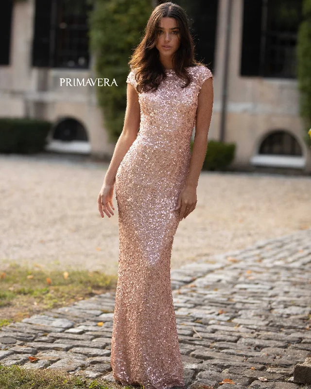 Primavera Couture 3796 Size 14, 20 Rose Gold Sequined Formal Dress High Neckline Cowl Back Evening Gown Lush Sequin Dress