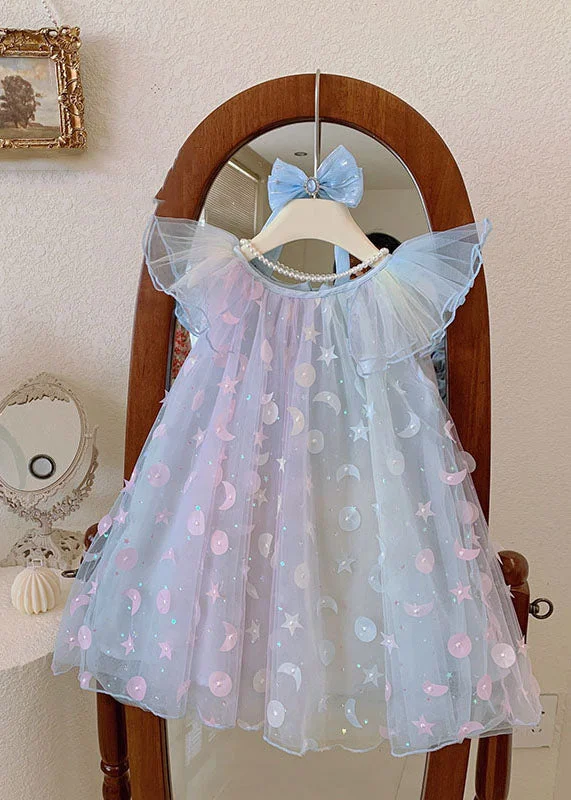 Cute Gradient Blue Sequins Wrinkled Patchwork Tulle Baby Girls Dress Summer Strapless Sequin Dress