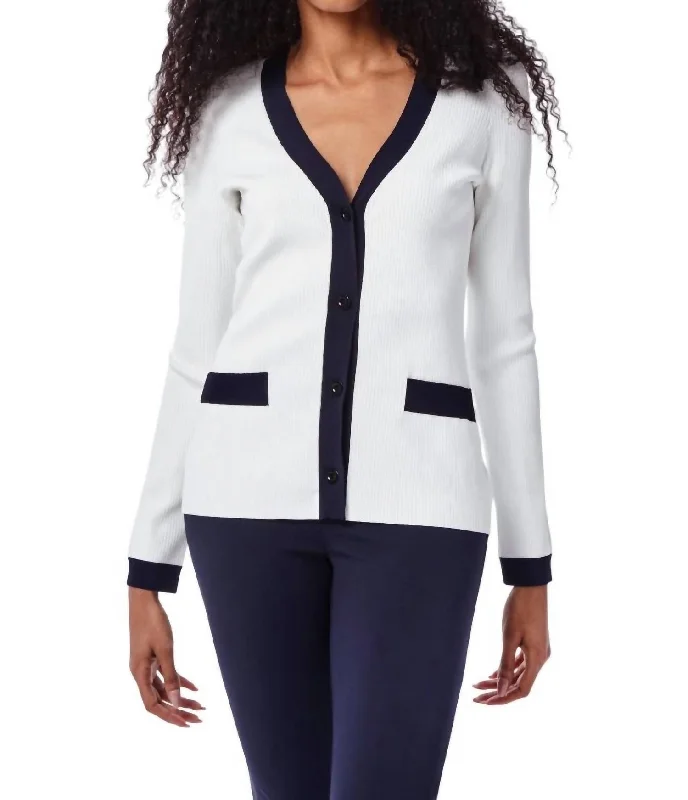 Hilda Sweater Blazer In White With Navy Trim Blazers for Business Wear