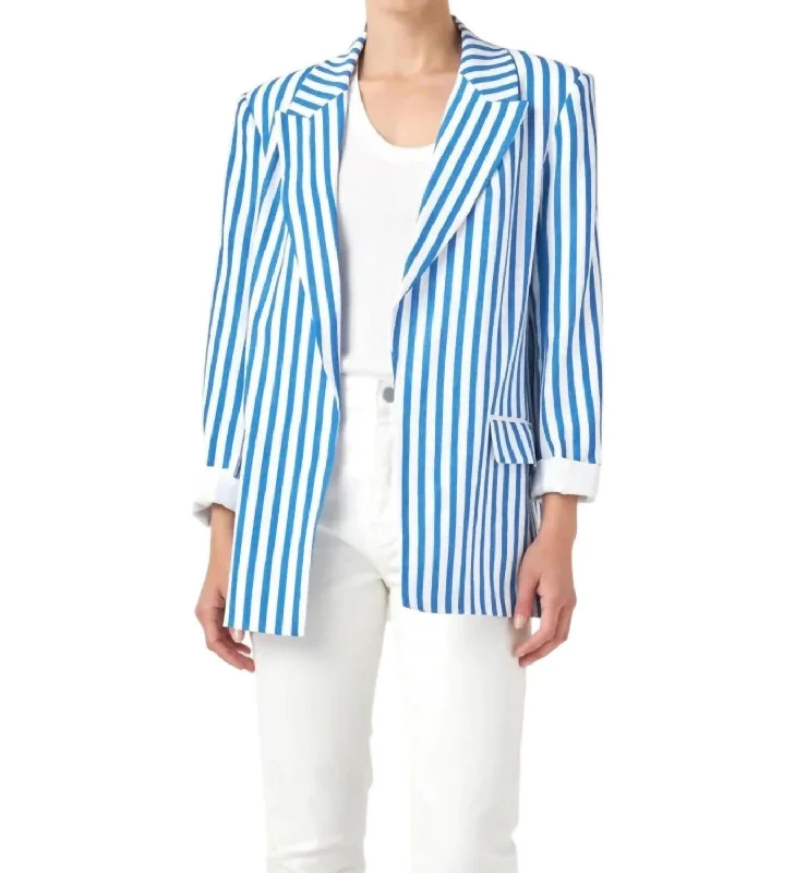 Striped Pocketed Blazer In Blue/white Classic Women’s Blazer