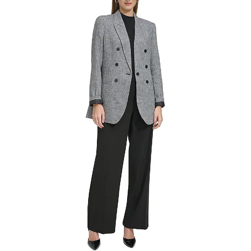 Womens Linen Blend Check One-Button Blazer Structured Tweed Blazer