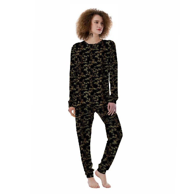 Japanese Bamboo Black And Gold Print Pattern Women's Pajamas Discounted pajama sets