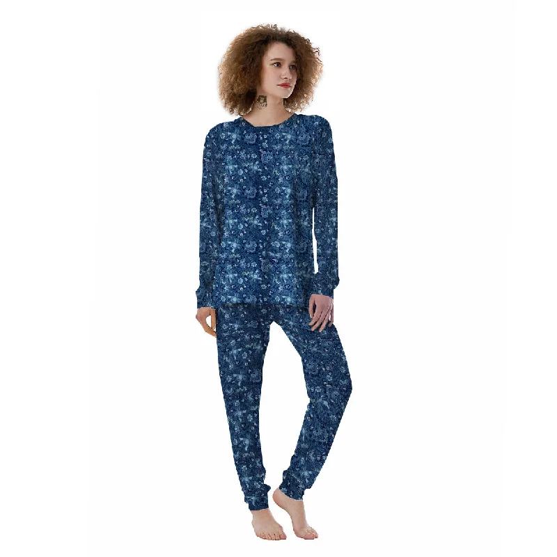 Jeans Floral Denim Print Pattern Women's Pajamas Spa pajama sets