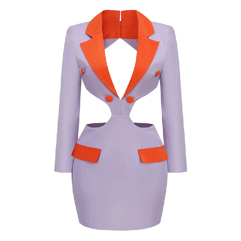 Contrast Lapel Collar Deep V Cut Out Backless Tailored Mini Blazer Dress Strapless mini dresses