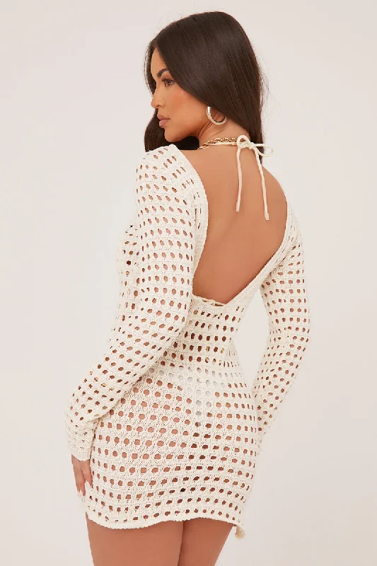 Cream Crochet Scoop Back Mini Dress - Mazi Birthday mini dresses