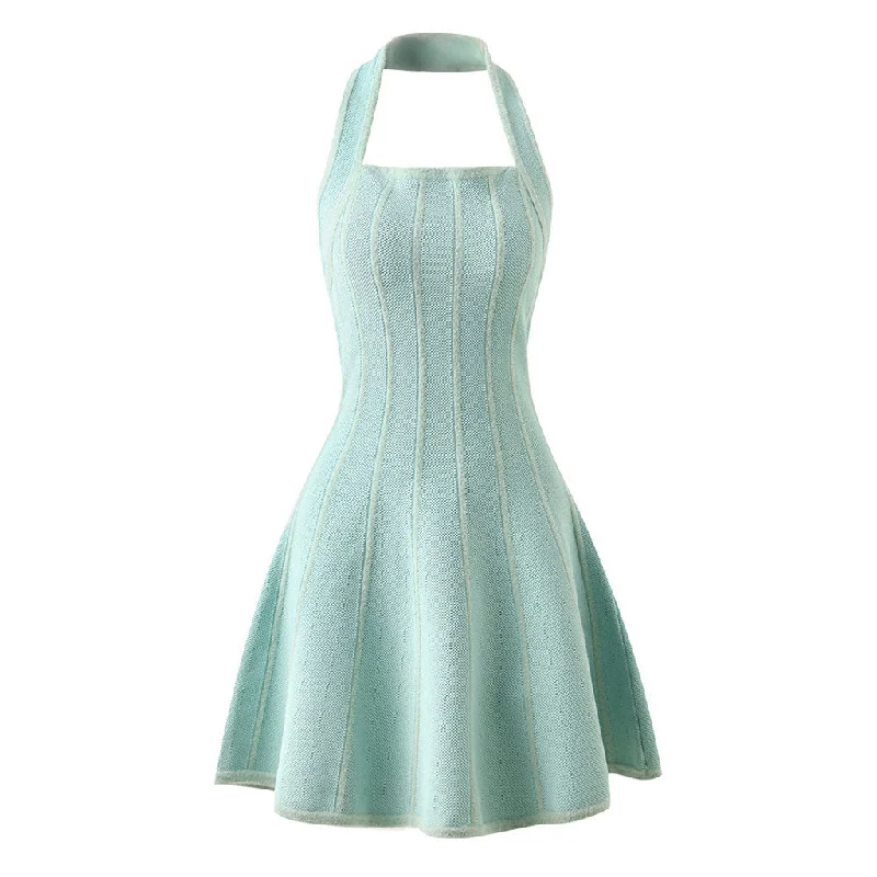 Elegant Tonal Striped Halter Neck Sleeveless Fit and Flare Mini Sweater Dress Denim mini dresses