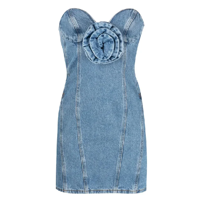 Modern 3D Floral Rosette Detail Sweetheart Neck Strapless Denim Dress Must-have mini dresses for this season