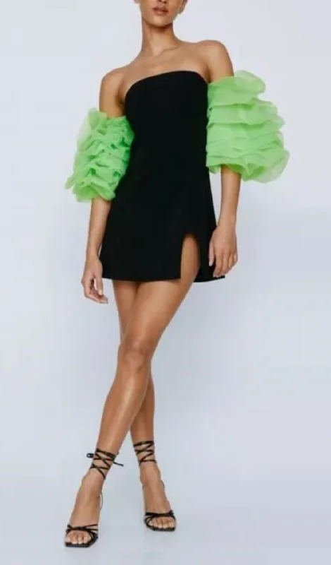 ORGANZA PUFF SLEEVE MINI DRESS IN BLACK Office mini dresses