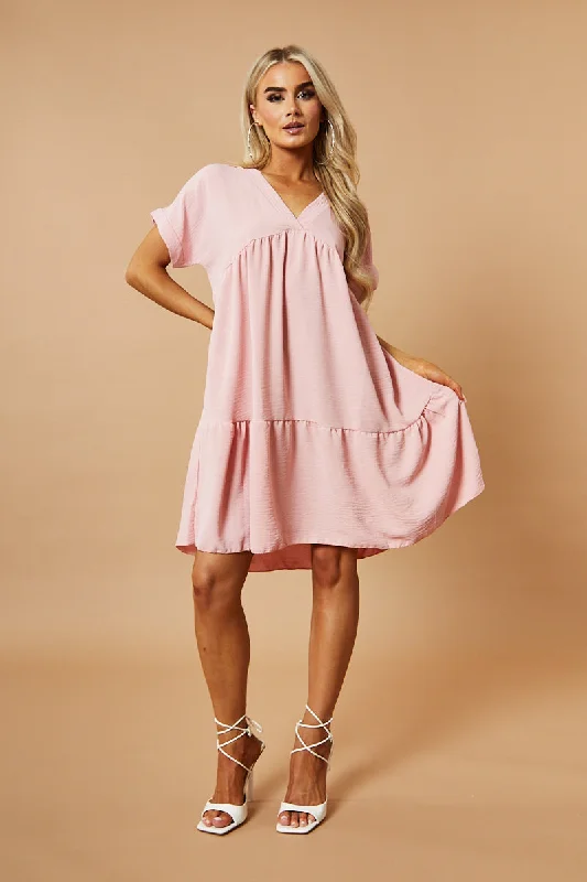 Pink V-Neck Tiered Frill Mini Dress - Kate Silk mini dresses